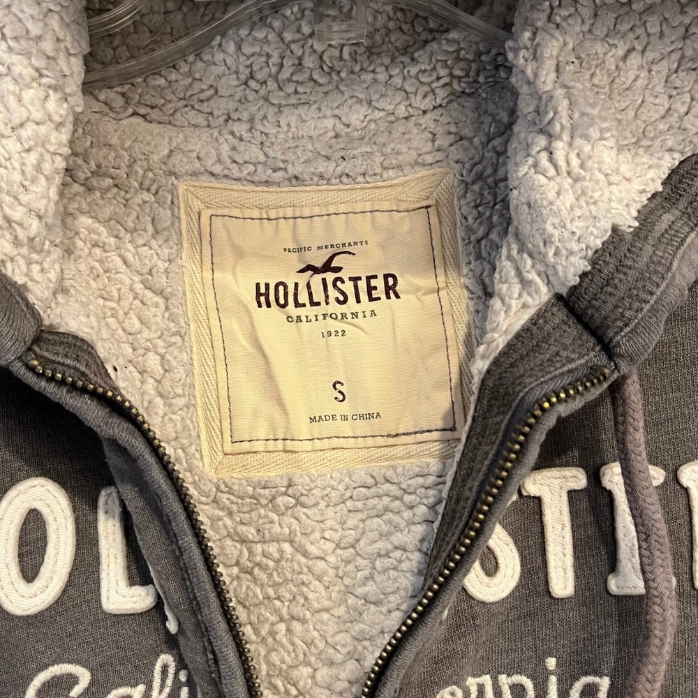 VTG Y2K Hollister Hoodie Sweatshirt Full Zip Fleece Sherpa Lined Gray Size Small - Picture 4 of 5